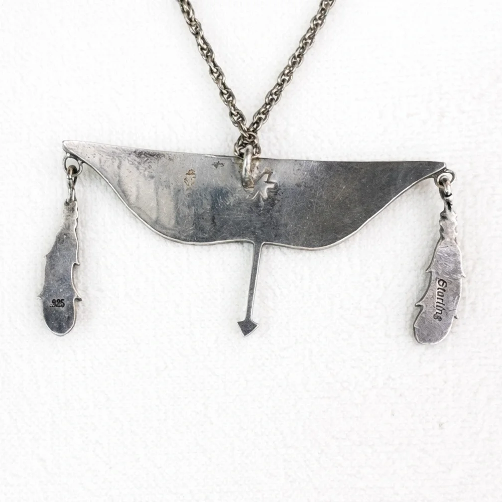 NATIVE AMERICAN STERLING SILVER COLLAR NECKLACE SIGNED BOW ARROWS FEATHERS